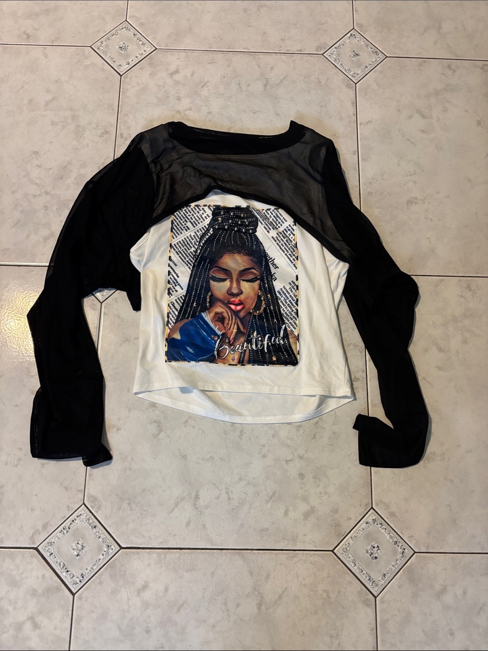 Black & White Graphic Sheer-Layered Long Sleeve Top - "Beautiful" Print